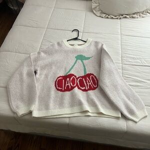 a new day Women's Sweater - Cream with Red Cherry Design